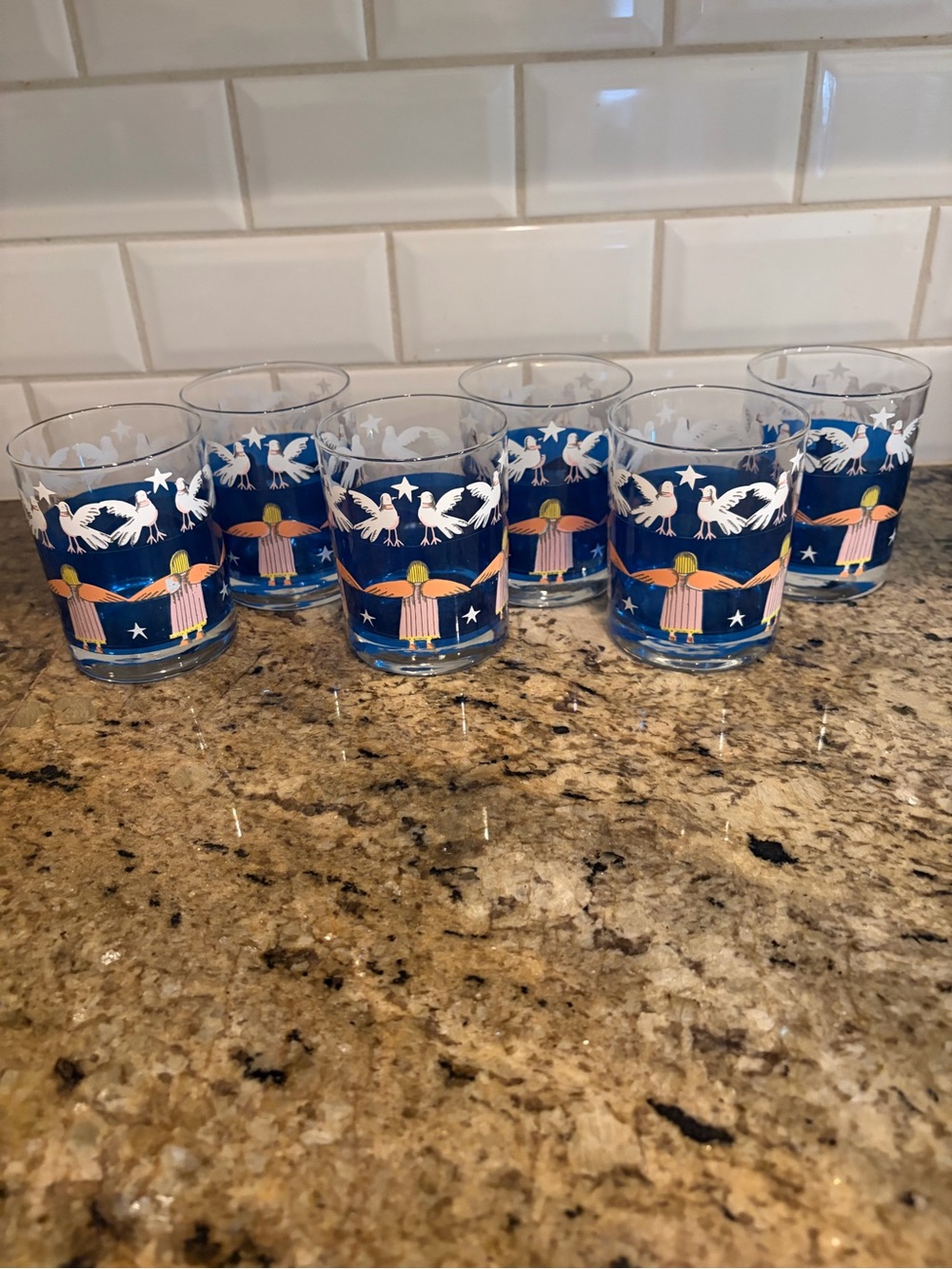 6 Vintage NEIMAN MARCUS MOD Holiday Double Old Fashioned Glasses Angel Dove